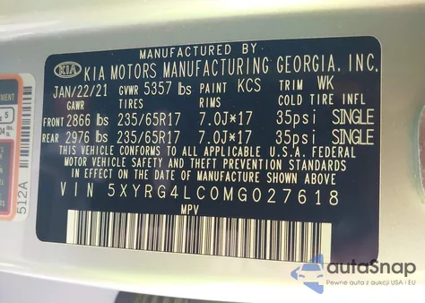 2021 Kia Sorento Lx z USA, uszkodzony, nr VIN 5XYRG4LC0MG027618